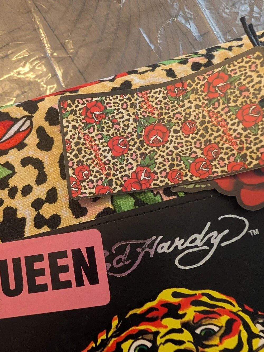 Ed Hardy Queen Sheet Set - Red Roses with Cream Leopard Print